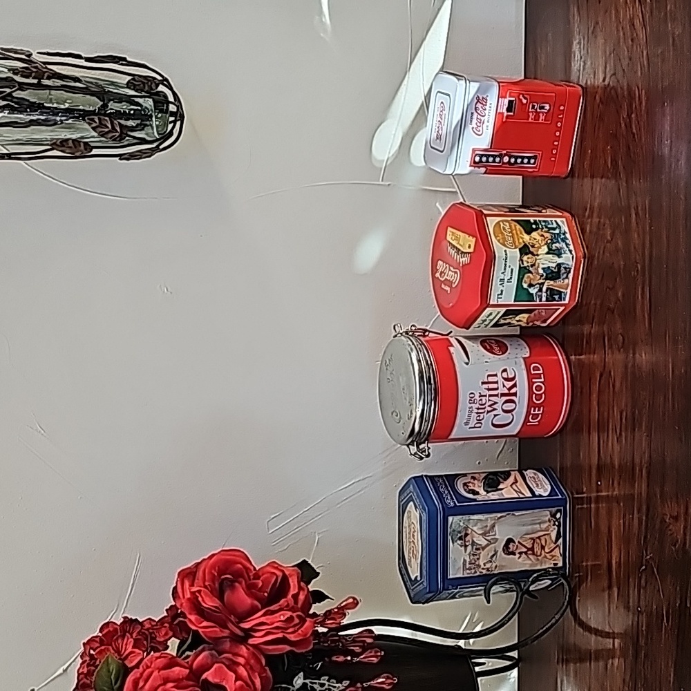 4 Vintage Coca Cola tins with lids various shapes designs